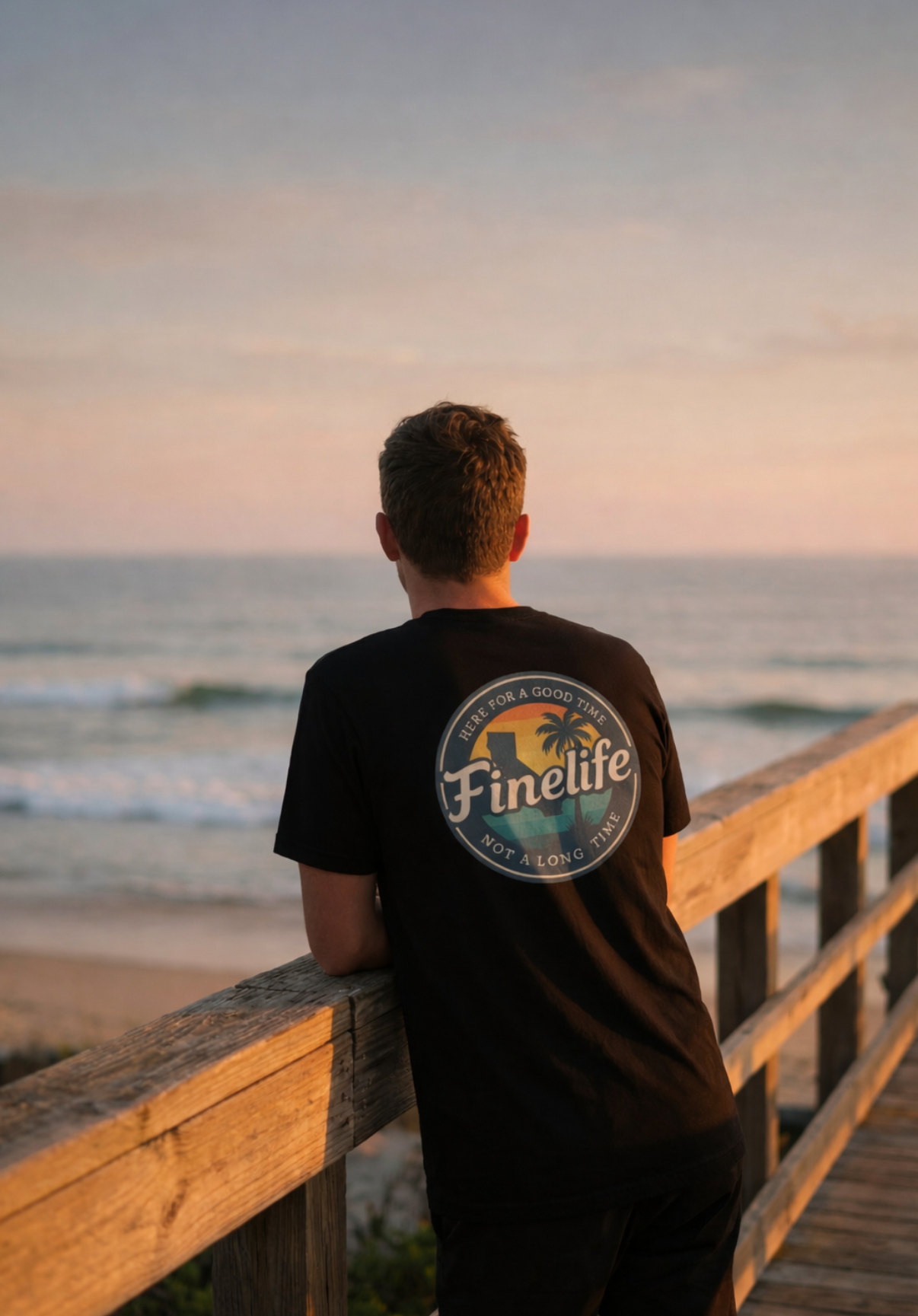 Person wearing a black t-shirt with a logo, standing on a wooden deck overlooking the ocean at sunset.