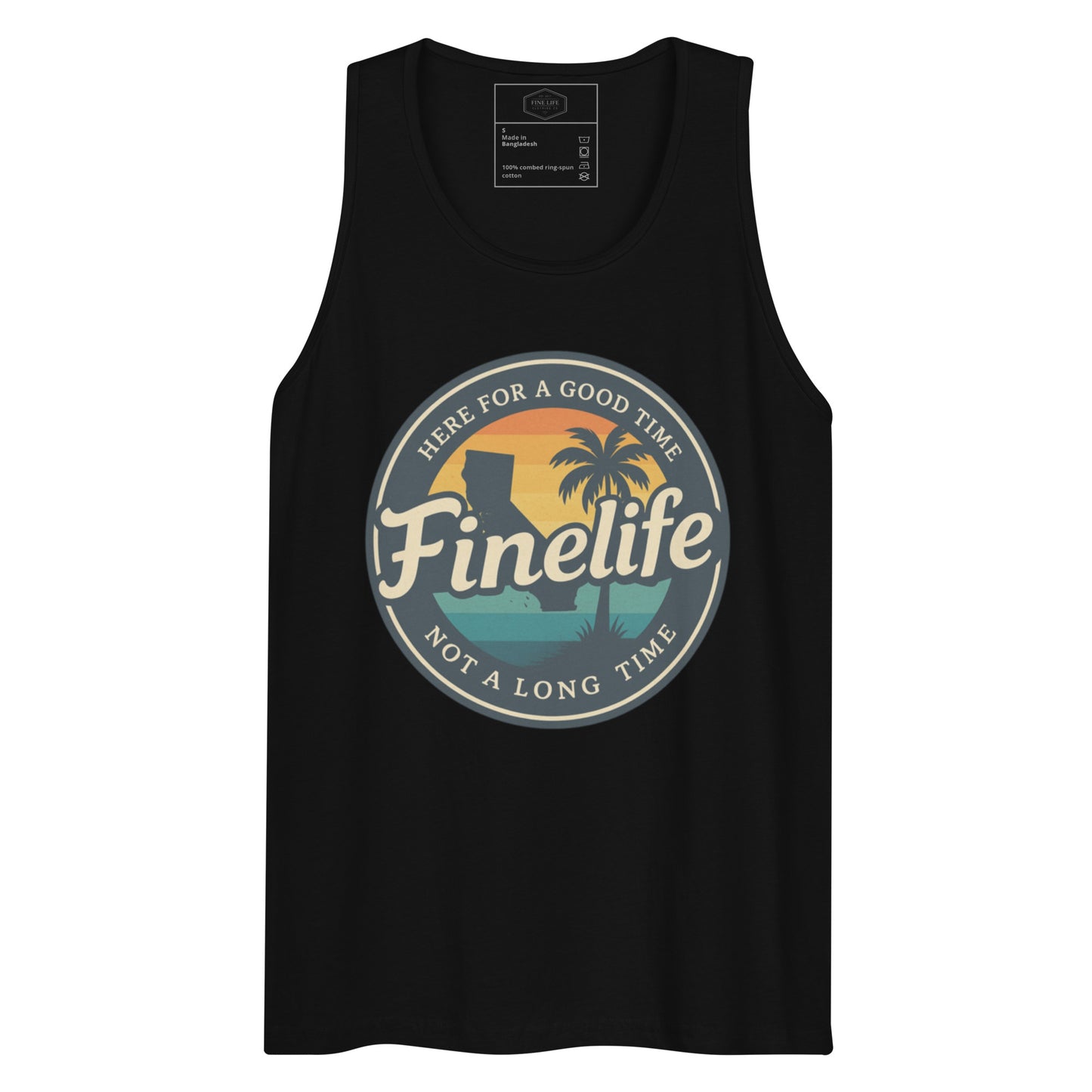Beach Vibes men’s tank top front view
Finelife men’s summer graphic tank
Men’s beach lifestyle tank top
Casual lake day summer tank