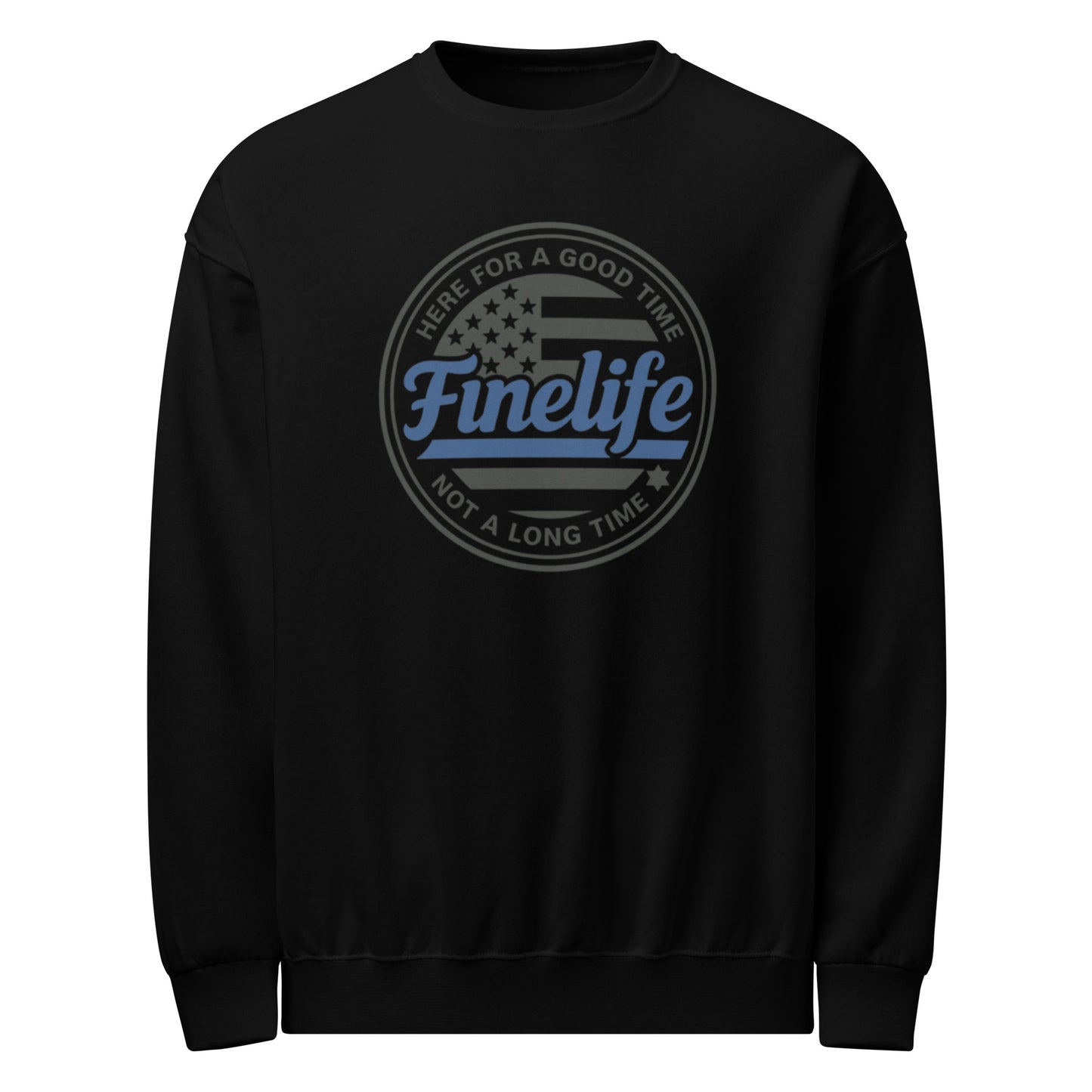 Blue Lives Matter crew neck sweatshirt front view
Finelife patriotic graphic pullover
Supporting law enforcement sweatshirt
Rugged patriotic crew neck
Police support lifestyle apparel