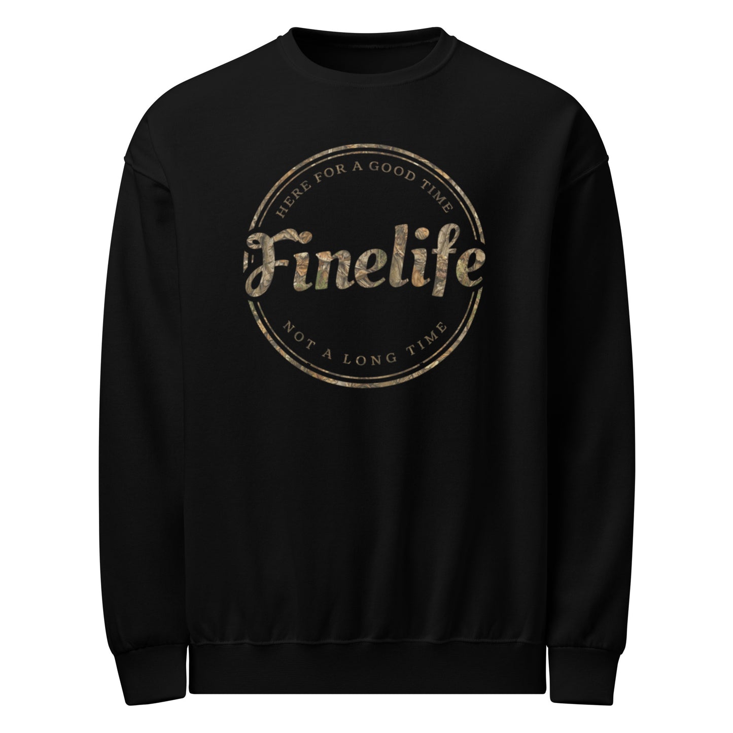 Camo Good Time crew neck sweatshirt front view
Finelife camo graphic pullover
Rugged outdoor lifestyle sweatshirt
Casual camo crew neck
