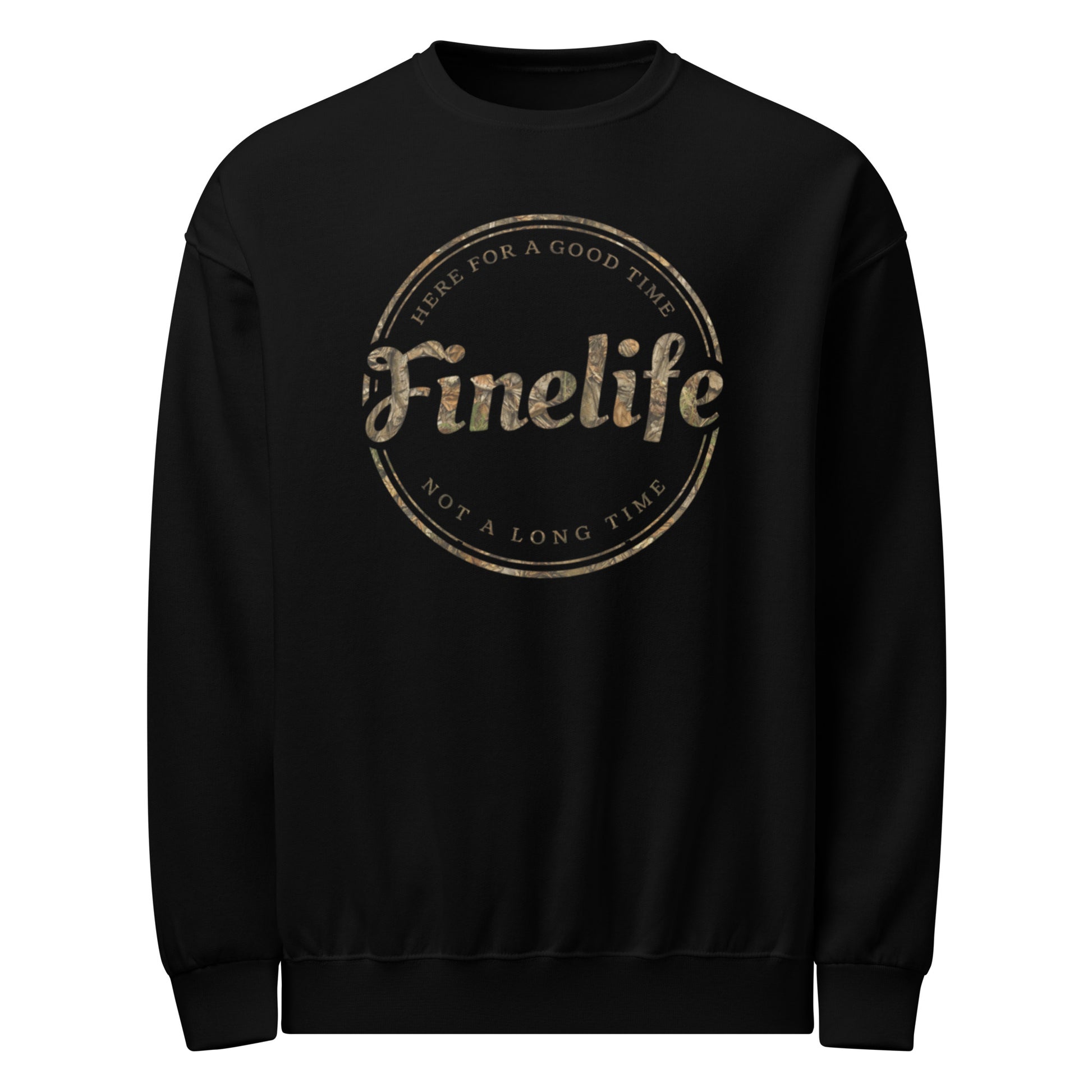 Camo Good Time crew neck sweatshirt front view
Finelife camo graphic pullover
Rugged outdoor lifestyle sweatshirt
Casual camo crew neck
