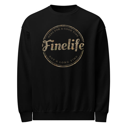 Camo Good Time crew neck sweatshirt front view
Finelife camo graphic pullover
Rugged outdoor lifestyle sweatshirt
Casual camo crew neck

