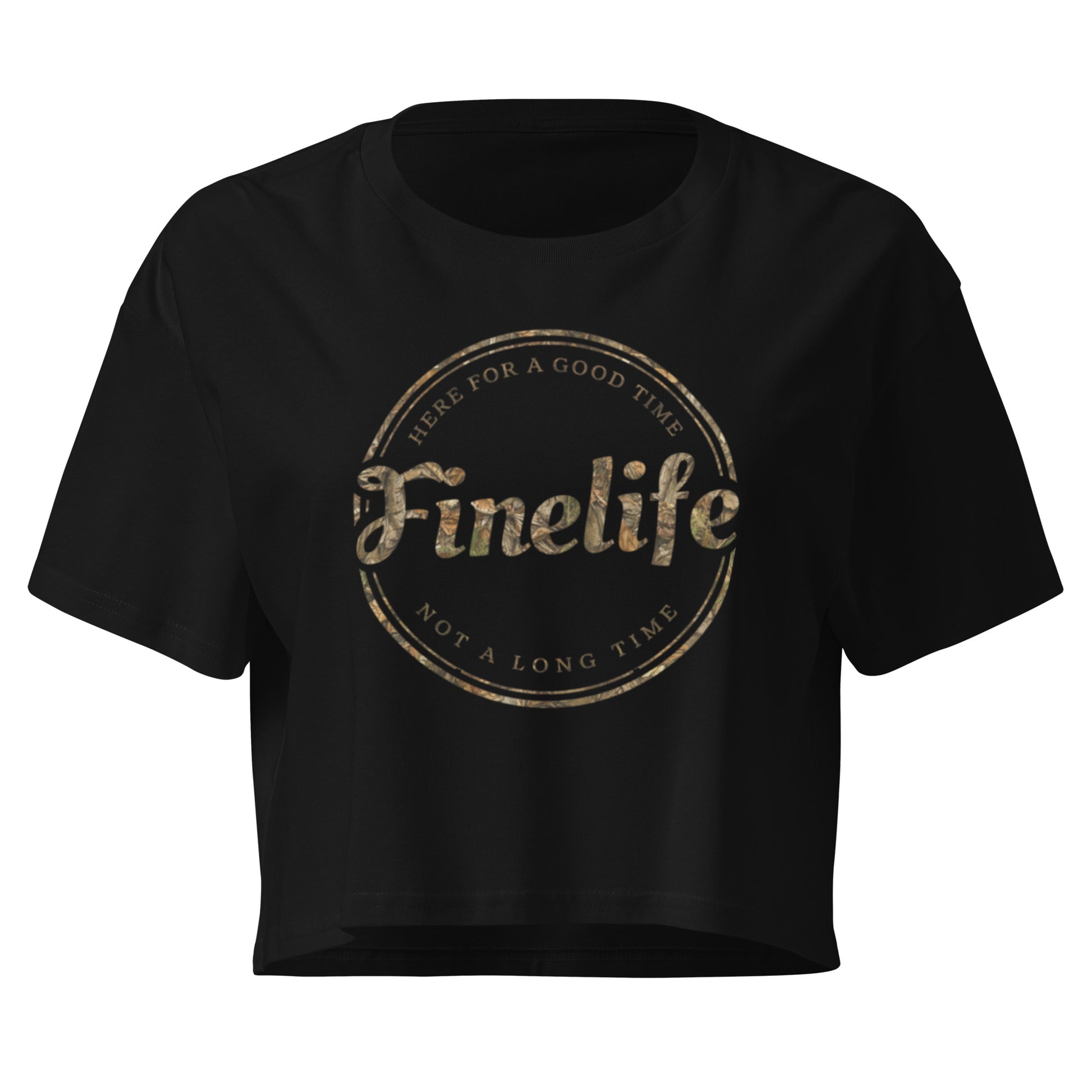 Camo Good Time ladies crop top front view
Women’s camo lifestyle crop tee
Finelife camo crop top
Casual outdoor women’s crop shirt