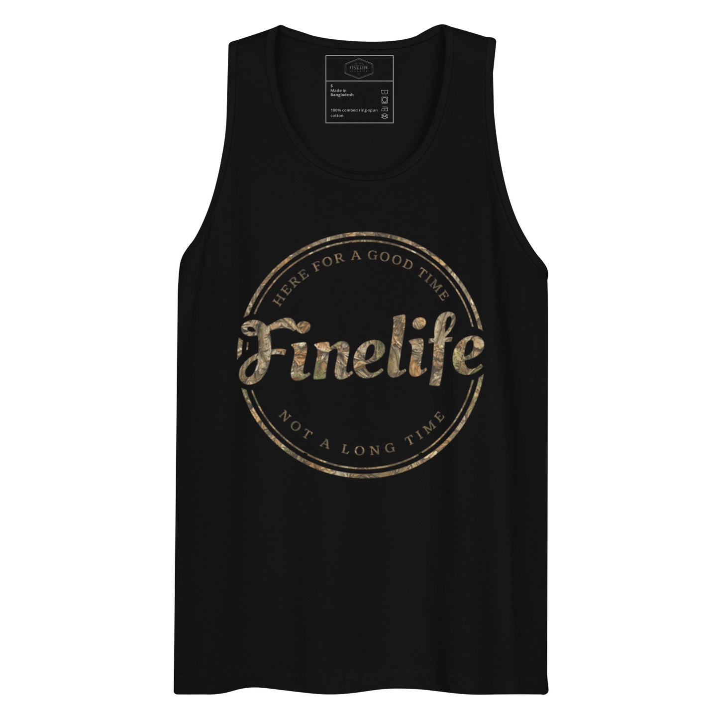 Camo Good Time men’s tank top front view
Finelife men’s camo graphic tank
Men’s rugged outdoor lifestyle tank
Casual camo summer tank top