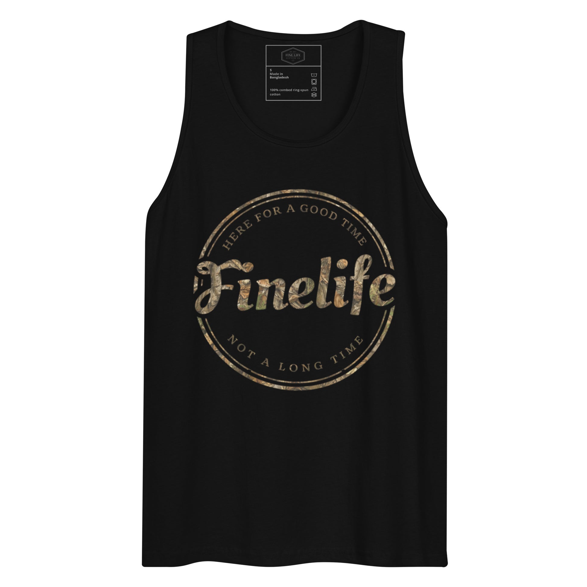 Camo Good Time men’s tank top front view
Finelife men’s camo graphic tank
Men’s rugged outdoor lifestyle tank
Casual camo summer tank top
