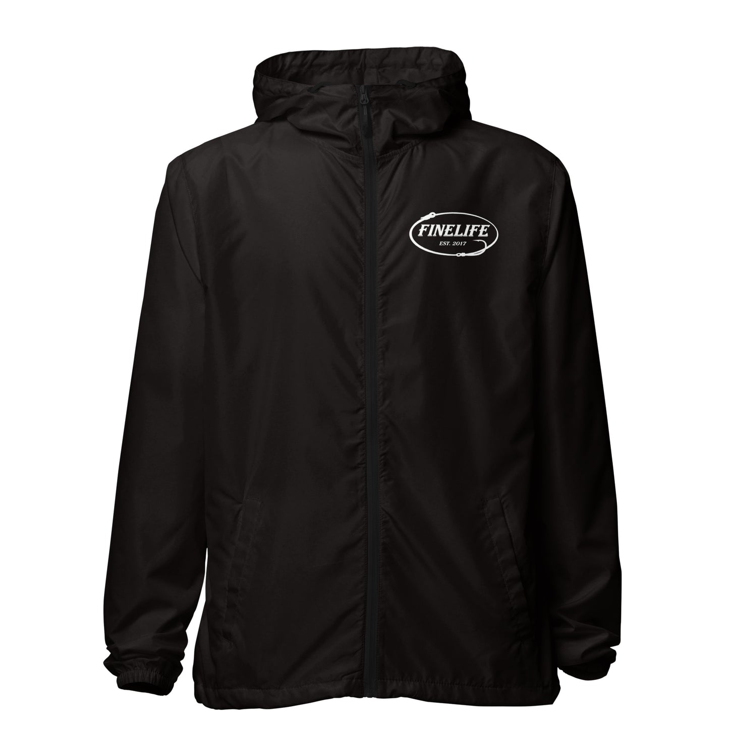 Fish Hook lightweight zip up wind breaker front view
Finelife fishing windbreaker jacket
Outdoor lightweight zip jacket
Lake life windbreaker