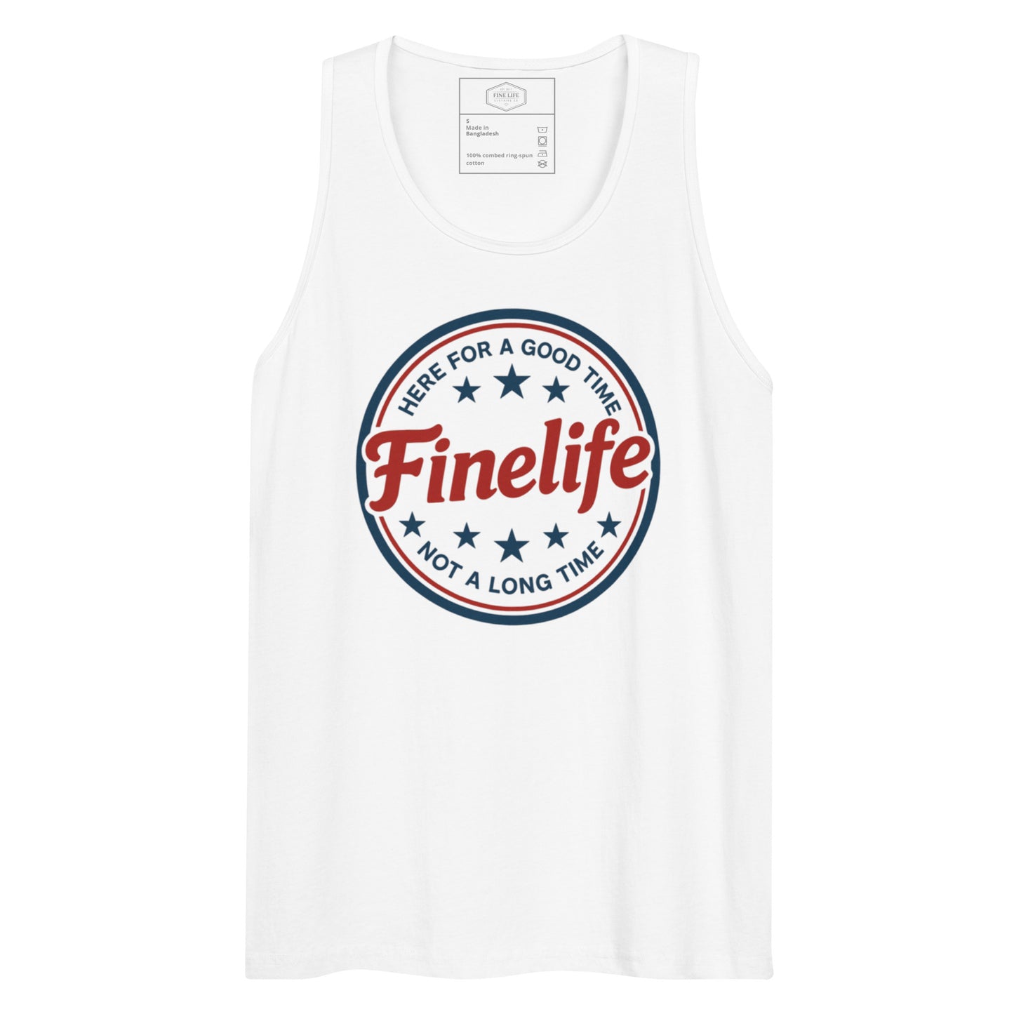 Independence Day men’s tank top front view
Finelife patriotic men’s graphic tank
Men’s American lifestyle tank top
Rugged patriotic summer tank