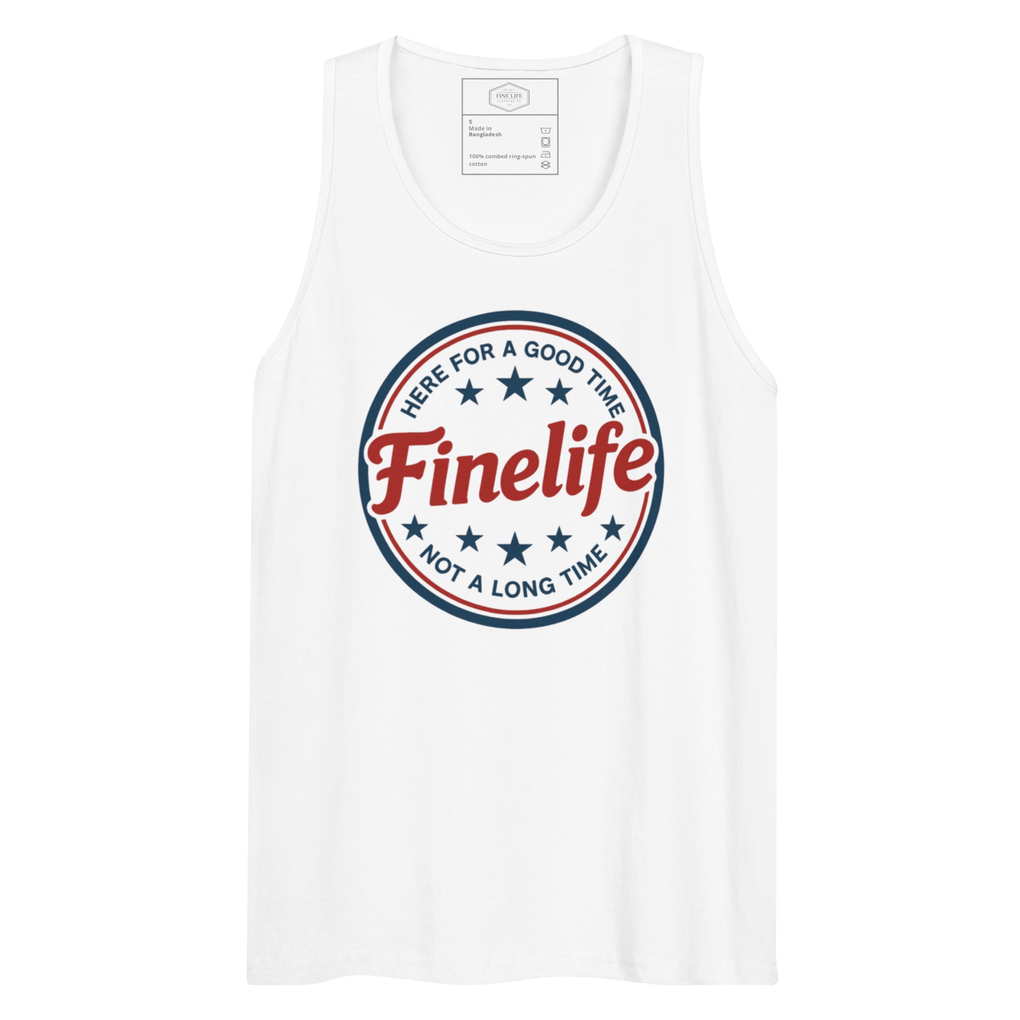 Independence Day men’s tank top front view
Finelife patriotic men’s graphic tank
Men’s American lifestyle tank top
Rugged patriotic summer tank