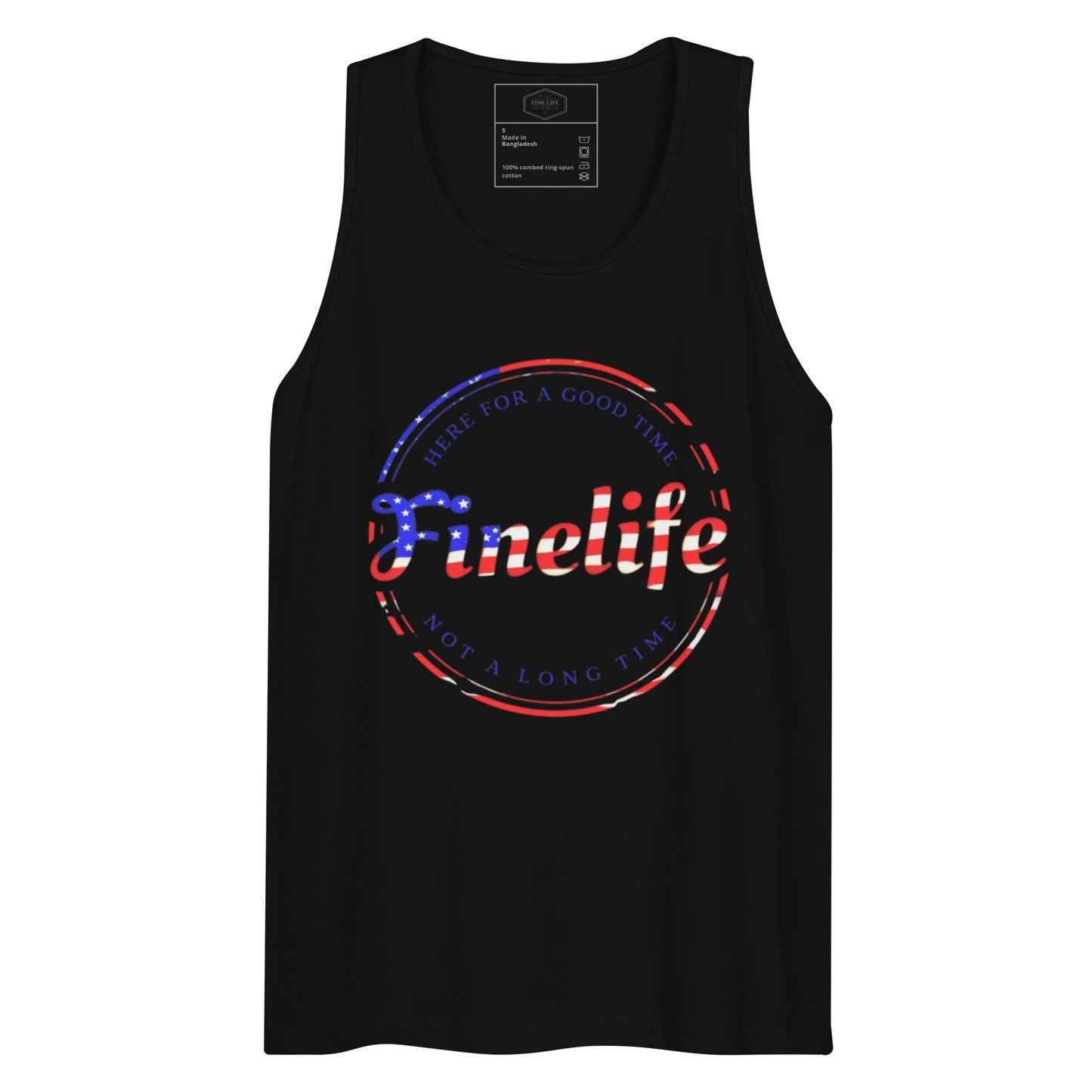 Patriot Good Time men’s tank top front view
Finelife men’s patriotic graphic tank
Men’s rugged American lifestyle tank
Casual patriotic summer tank top