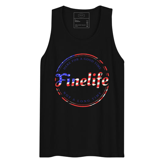 Patriot Good Time men’s tank top front view
Finelife men’s patriotic graphic tank
Men’s rugged American lifestyle tank
Casual patriotic summer tank top