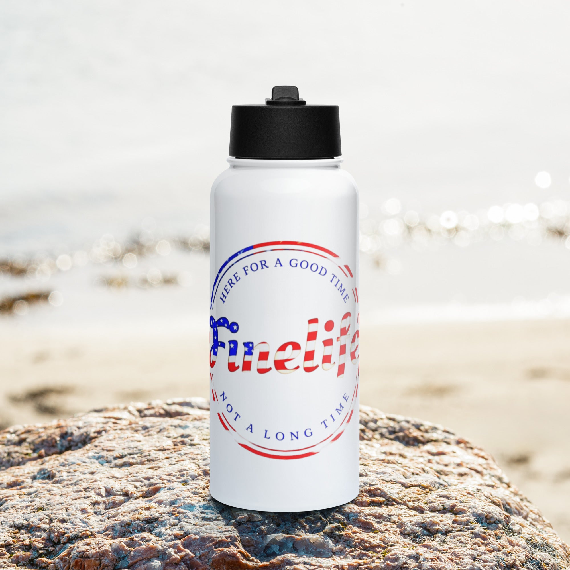 Patriot Good Time water bottle front view
Finelife patriotic water bottle
Rugged outdoor hydration bottle
Stainless steel lifestyle water bottle