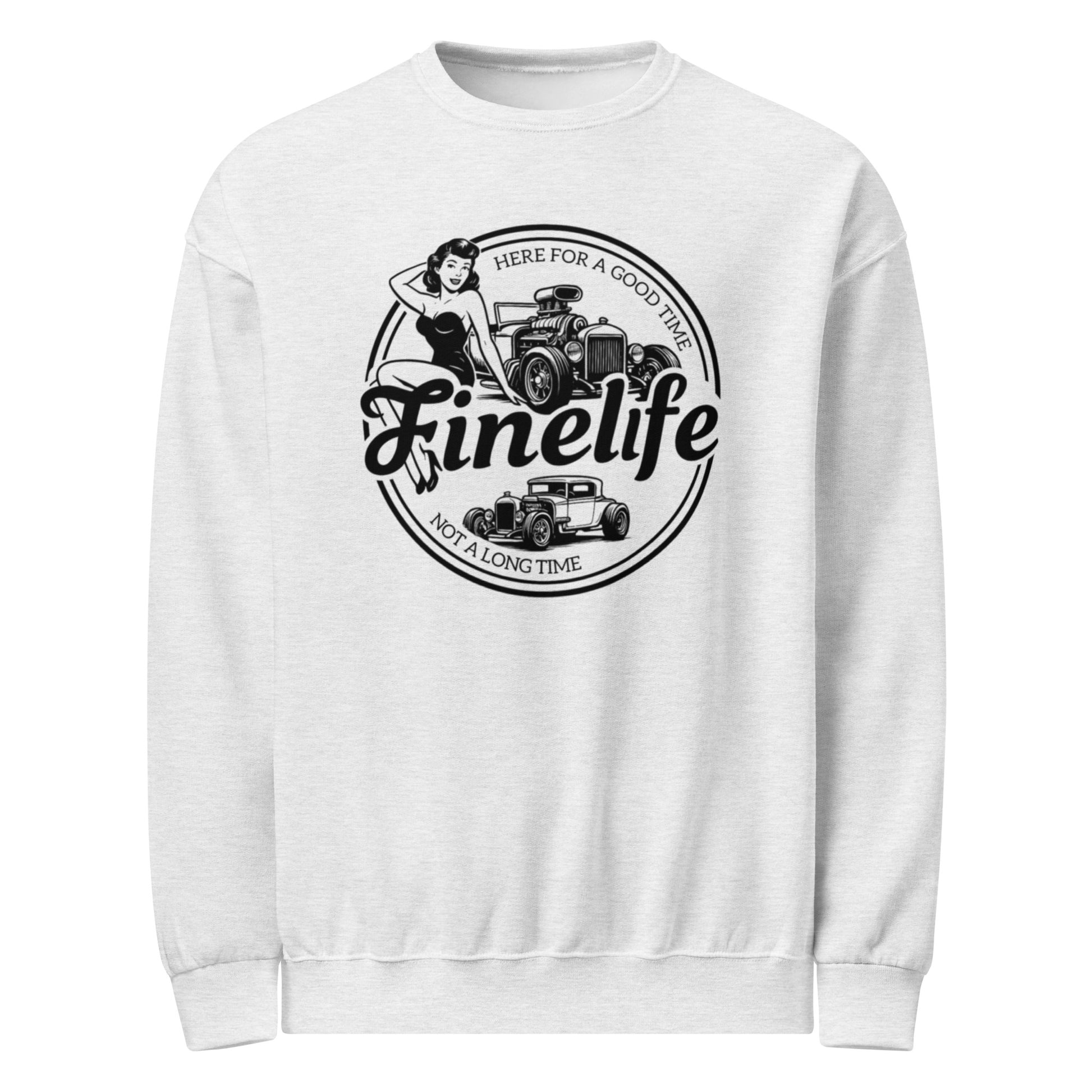 Pin Up crew neck sweatshirt front view
Finelife vintage graphic pullover
Hot rod lifestyle sweatshirt
Casual garage day crew neck