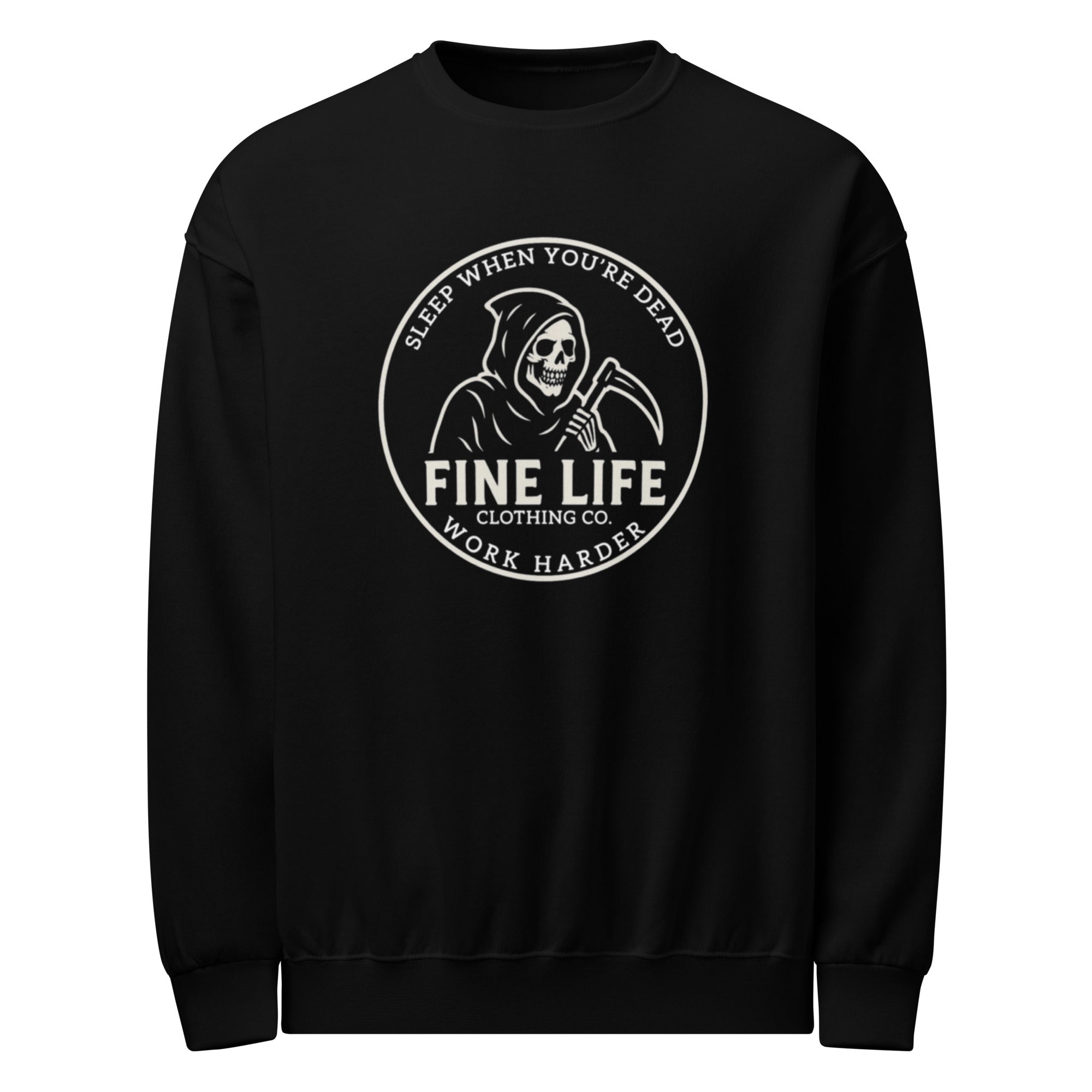 Work Harder crew neck sweatshirt front view
Finelife motivational graphic pullover
Rugged gym lifestyle sweatshirt
Casual hardworking crew neck
