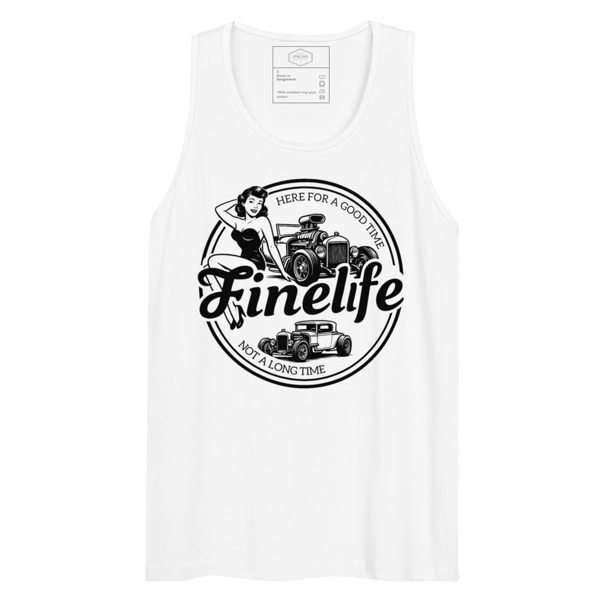 Pin Up men’s tank top front view
Finelife men’s vintage graphic tank
Men’s car show lifestyle tank top
Casual garage day tank top