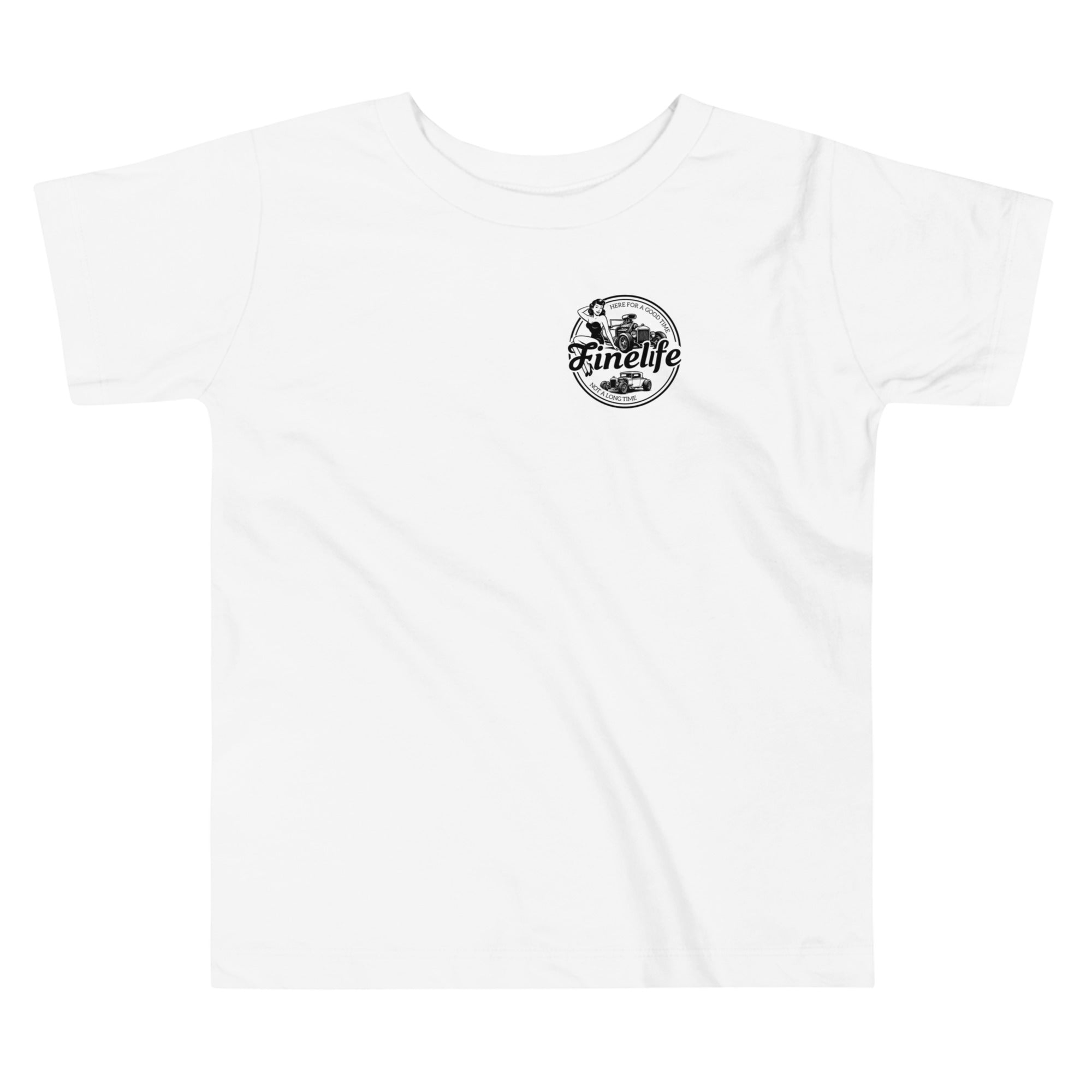 Pin Up toddler t-shirt front view
Finelife toddler vintage graphic tee
Kids car show lifestyle shirt
Toddler garage day t-shirt