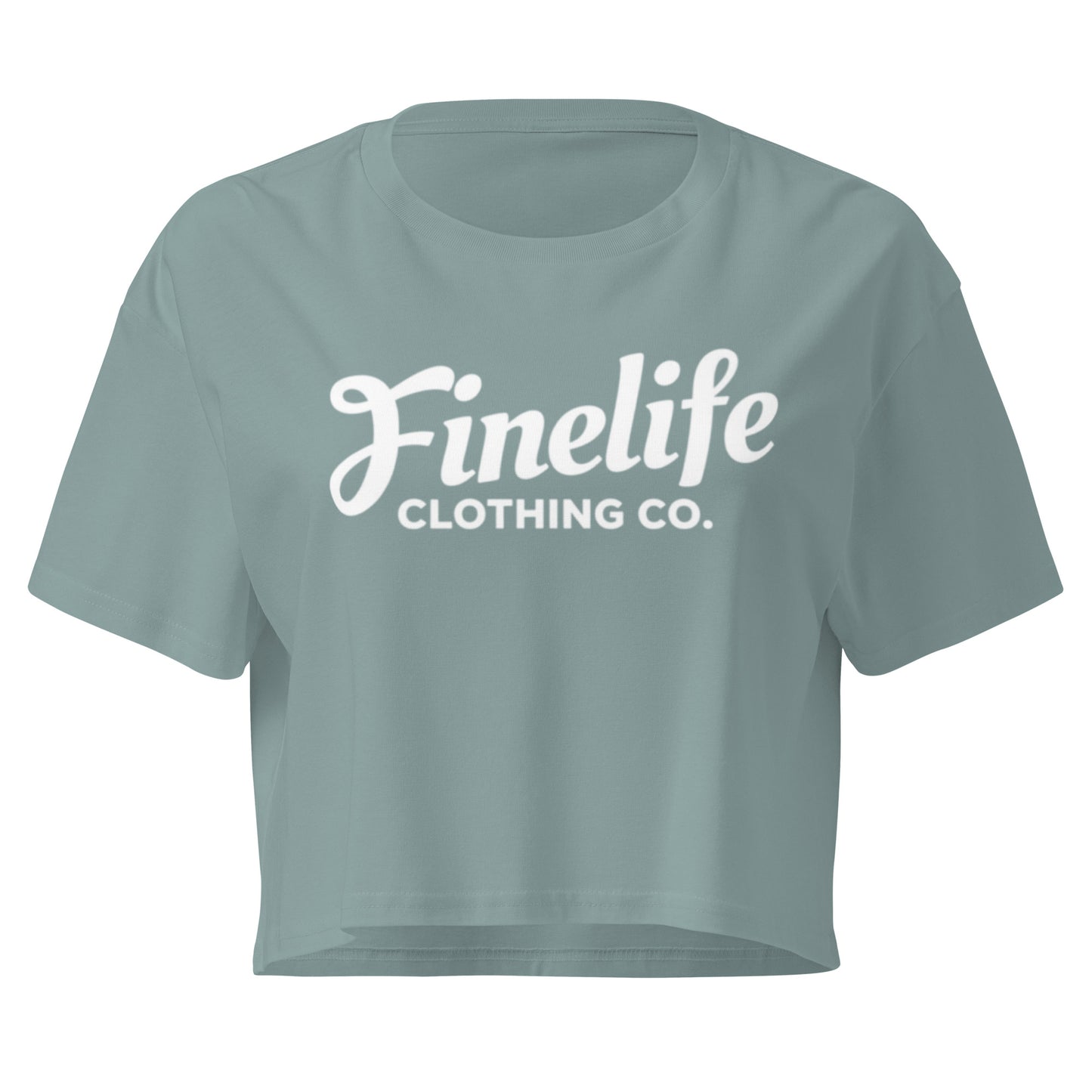 Light blue crop top with 'Finelife Clothing Co.' text on a white background